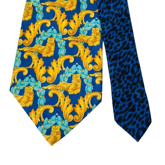 VTG Gianni Versace Silk Neck Tie Blue Gold Baroque Leopard Purple Spots at End